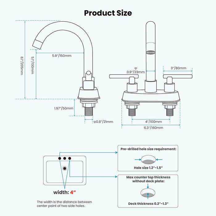 Gotonovo Wastafelkraan 4 Inch Centerset Draaibare Uitloop Toiletkraan met Watertoevoerleidingen en Pop-Up Afvoer 