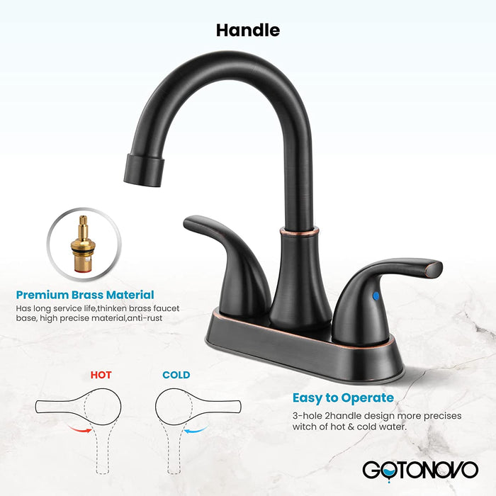 Gotonovo 4 Inch Centerset Bathroom Sink Faucet 2 Hole Lavatory Mixer Tap Deck Mount 2 Handles with Pop Up Drain and Water Supply Lines