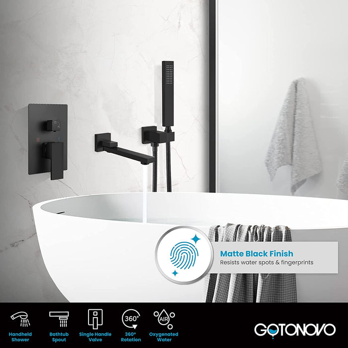 gotonovo Wall Mount Bathtub Faucet with Hand Held Sprayer and Swivel Tub Filler Dual Functions Single Handle Bathroom Shower System Mixer For Tub Rough-In Valve Included