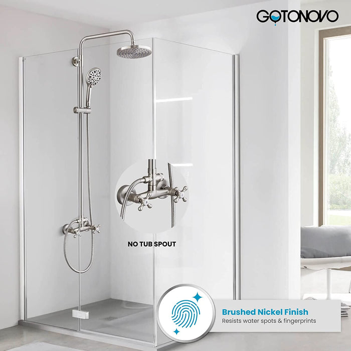 Gotonovo Exposed Shower System 8 Inch Rainfall Shower Head with 3 Function ABS Handheld and Double Cross Handle Wall Mounted Bathroom Luxury Mixer Shower Combo Set