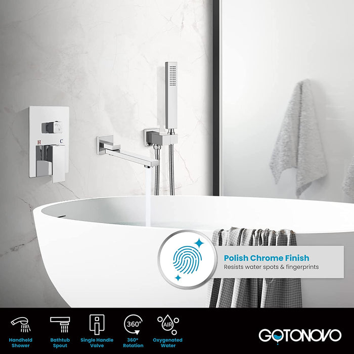 gotonovo Wall Mount Bathtub Faucet with Hand Held Sprayer and Swivel Tub Filler Dual Functions Single Handle Bathroom Shower System Mixer For Tub Rough-In Valve Included