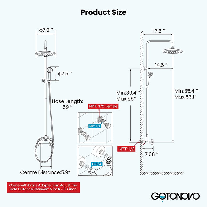 Gotonovo Exposed Shower System 8 Inch Rainfall Shower Head with 3 Function ABS Handheld and Double Cross Handle Wall Mounted Bathroom Luxury Mixer Shower Combo Set