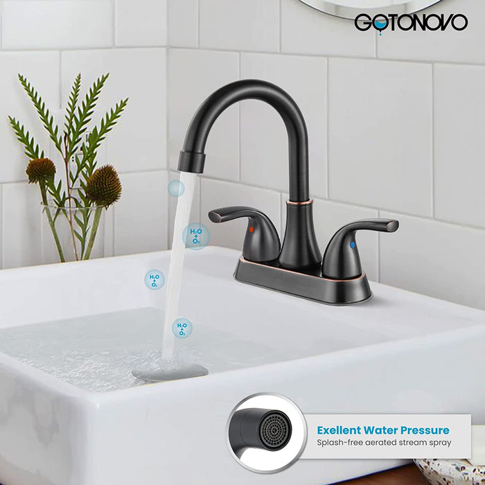 Gotonovo 4 Inch Centerset Bathroom Sink Faucet 2 Hole Lavatory Mixer Tap Deck Mount 2 Handles with Pop Up Drain and Water Supply Lines