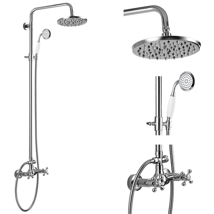 gotonovo 8 Inch Rainfall Exposed Shower System Round Shower Head Bathroom Shower Faucet with Telephone Handheld Spray Dual Function Wall Mounted Double Cross Handles Shower Fixture