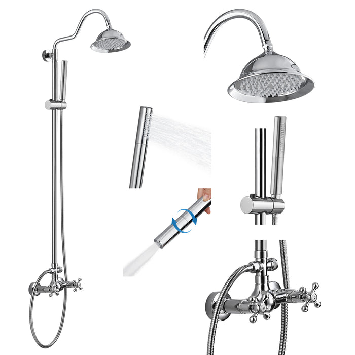 Gotonovo Wall Mounted Exposed Bathroom Faucet 8 inch Top Shower Head Double Cross Handles with 2 in 1 cylindrical Handheld Sprayer Dual Function Shower Set