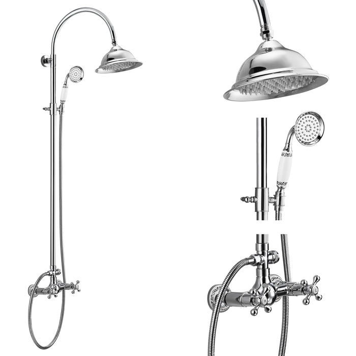 gotonovo Rainfall Exposed Shower System 8 Inch Round Shower Head Bathroom Shower Faucet with Telephone shape Handheld Spray Dual Function Wall Mounted Double Cross Handles