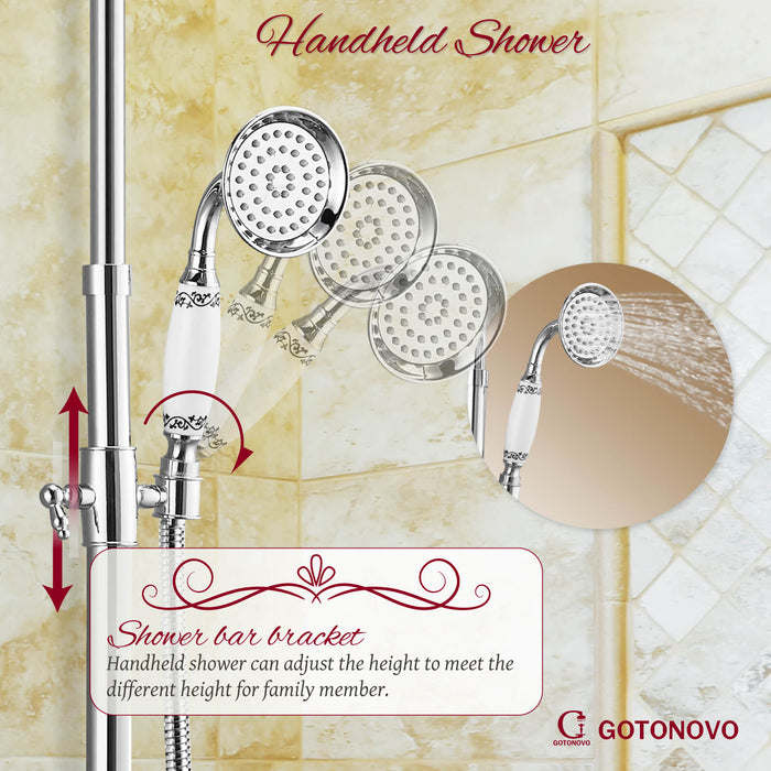Shower System Set Complete 8 Rain Shower Faucet 2 Double Knobs Handle Triple Function Tub Spout Shower Fixture Unit 12 Inch Extention