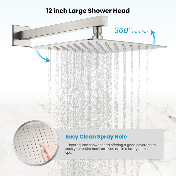 Gotonovo Rain Shower Combo Set Wall Mount 12 inch Square Rain Shower Head with Adjustable Angle Slide Bar Shower Trim Kit Pressure Balance Shower System Rough-in Valve and Trim Included