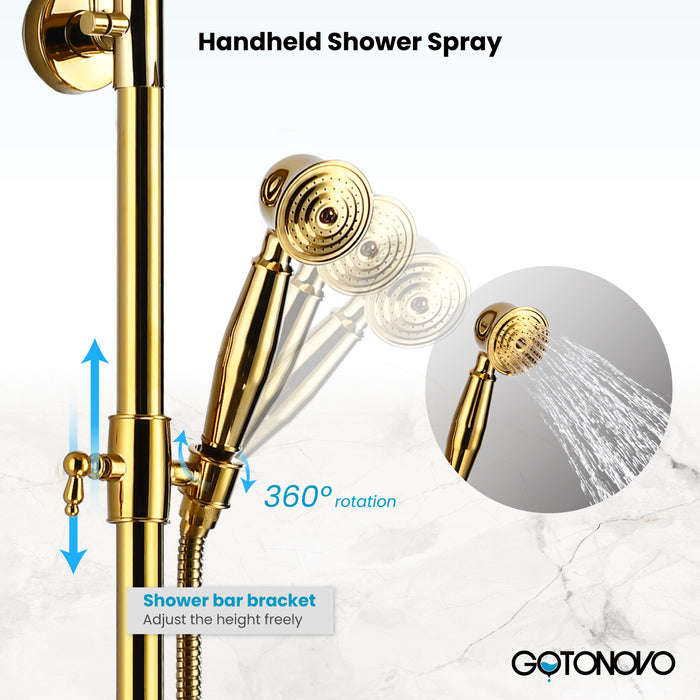 Gotonovo Exposed Shower Fixture 8 Inch Rainfall Shower Head with Handheld Spray Dual Cross Knobs Mixer Bathroom Triple Function Shower Combo Set Wall Mount