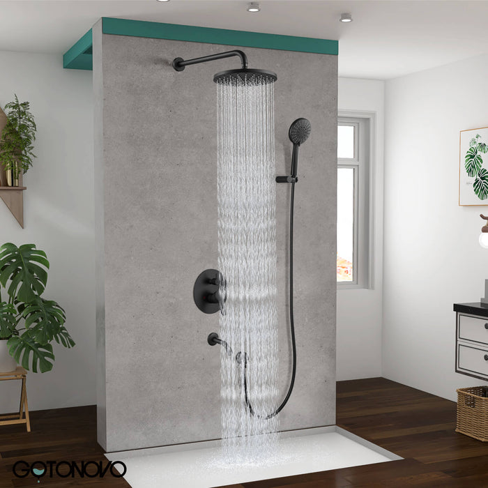 Matte Black Bathroom Shower System 8 Inch Rainfall Showerhead Round Luxury Rain Mixer Shower Combo Set Wall Mounted Shower Fixture High Pressure Shower Faucet Rough-in Valve Body and Trim Included