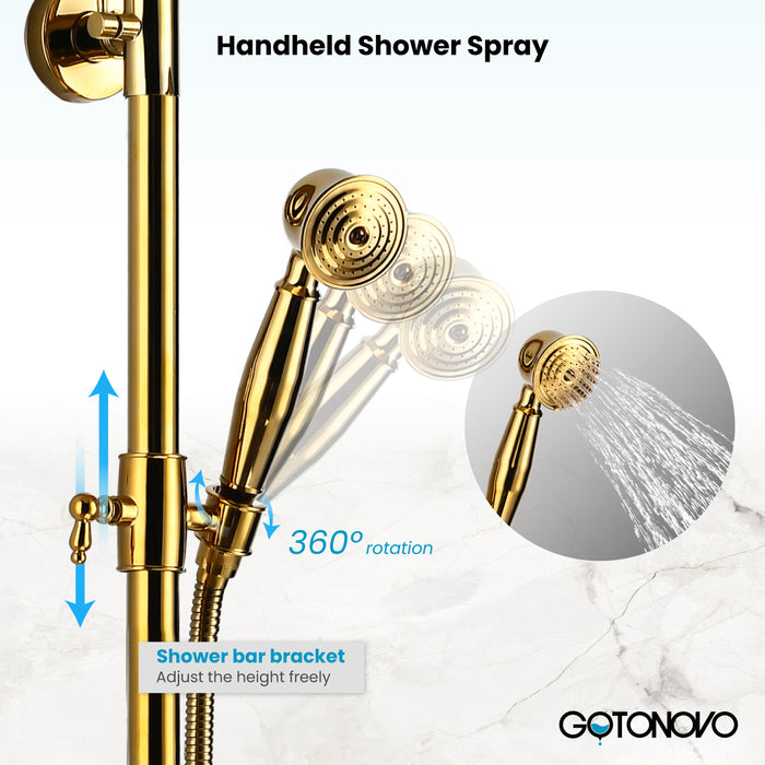 Gotonovo Exposed Shower System 8 Inch Rainfall Shower Head with Handheld Spray Dual Cross Knobs Mixer Bathroom Shower Combo Set Wall Mount