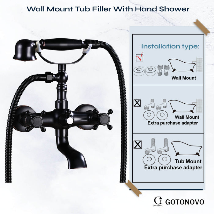 gotonovo Wall Mount Bathroom Bathtub Faucet Set Vintage with Hand Held Shower Spray Double Cross Handle 2 Functions 360 Swivel Mixer Tub Spout