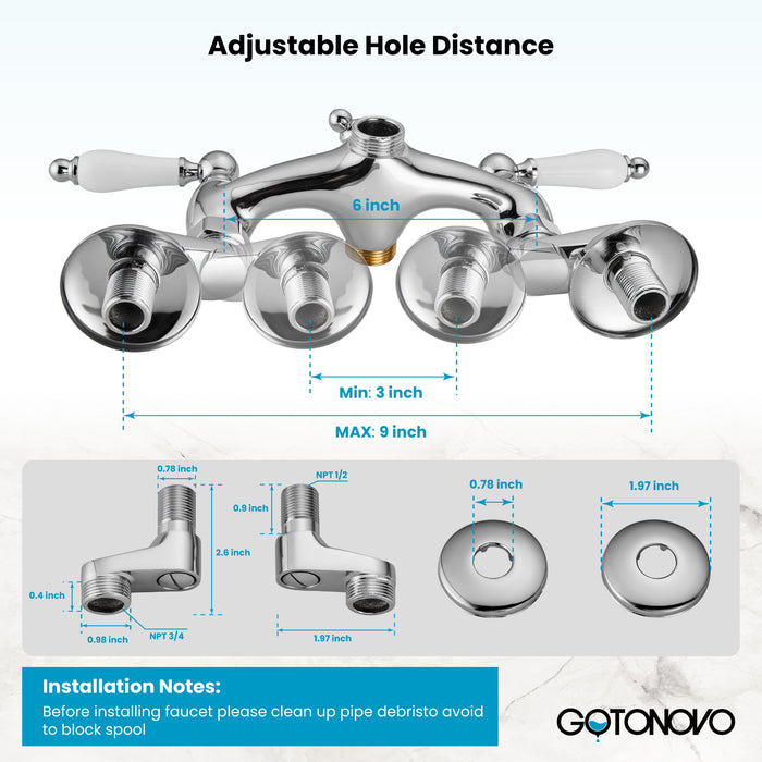 Gotonovo Clawfoot Bathtub Faucet Wall Mount Hand Held Shower Faucet Set Double Lever Handle with 6 Inch Center with Adapter Adjustable Swing Arms