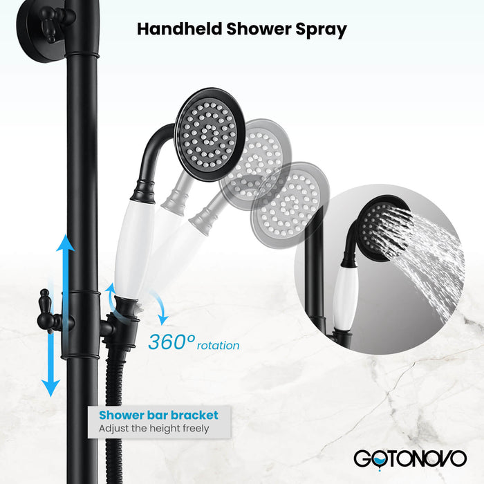 Gotonovo Exposed Shower System Wall Mounted Triple Function 8 Inch Rainfall Shower Head with Handheld and Tub Spout Double Cross Handles