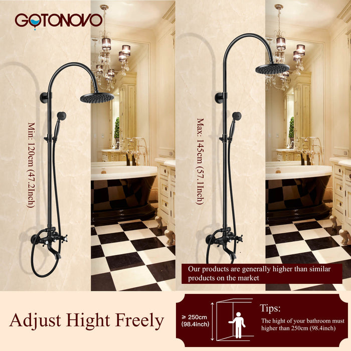 Gotonovo Exposed Shower Faucet Set Brass Dual Knobs 8 Inch Rainfall Round Head Mixer Tap Hand held Spray 3 Functions Shower System Tub Spout Bathroom Shower Combo Unit Set Wall Mounted