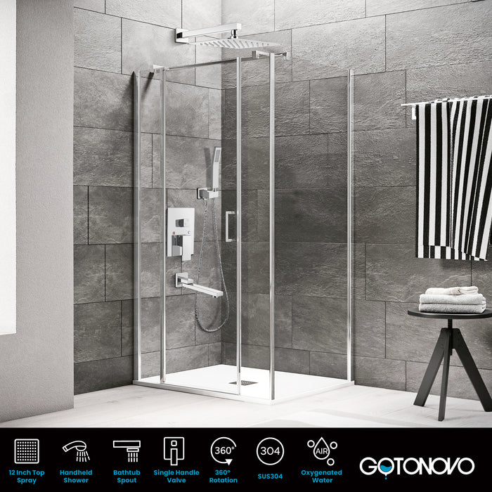 Gotonovo Rain Shower Combo Set Luxury 3-Function with Rotating Tub Spout,Square Rainfall Shower Head and Handheld Spray Rough-in Valve Body and Trim Included