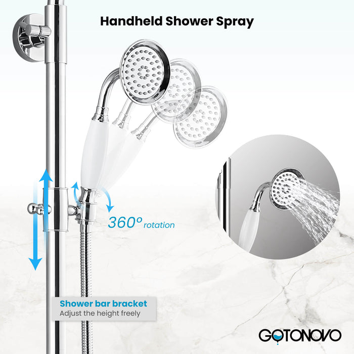 Gotonovo Exposed Shower System Wall Mounted Triple Function 8 Inch Rainfall Shower Head with Handheld and Tub Spout Double Cross Handles