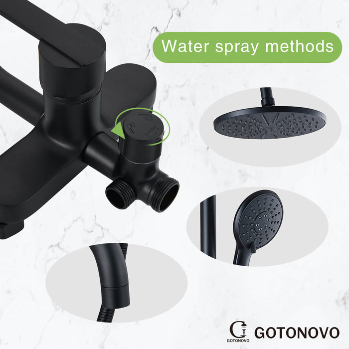 Gotonovo Matte Black Exposed Shower System 8 Inch ABS Round Rainfall Shower Head with ABS Handheld Sprayer Adjustable Slide Bar Hand Spray Wall Mount Set