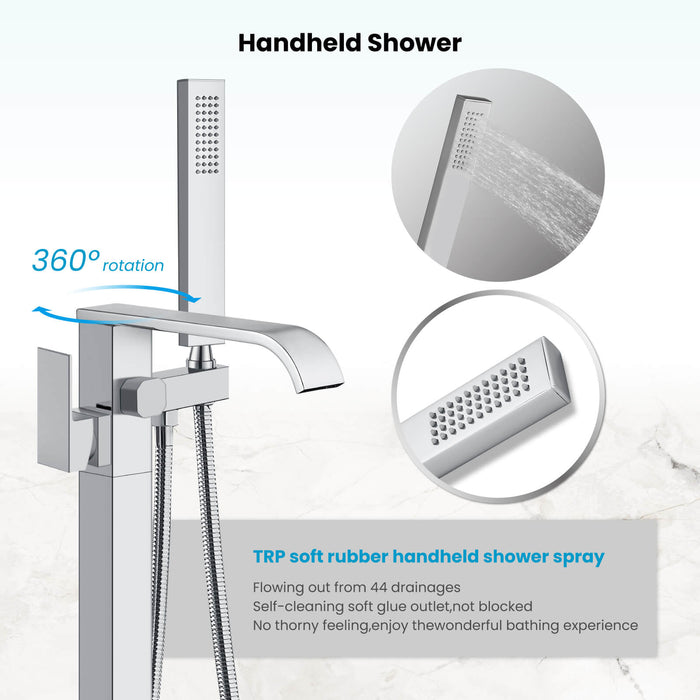 Gotonovo Waterfall Freestanding Bathtub Faucet Floor Mount Tub Filler Single Handle Brass Tap with Hand Shower and 360 Degree Swivel Spout