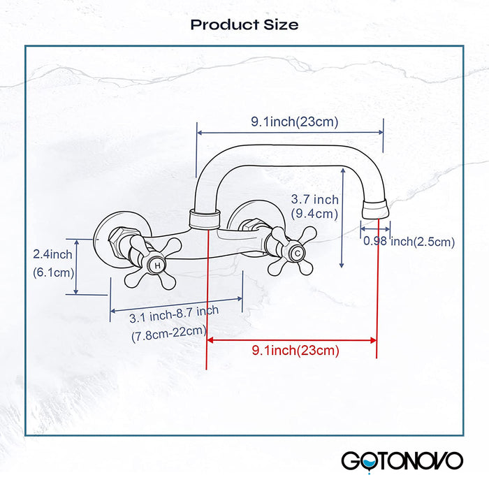 Wall Mount Faucet 8 Inch Center Kitchen Sink Taps 2 Cross Knobs Handle Victorian Commercial with 9 inch Spout