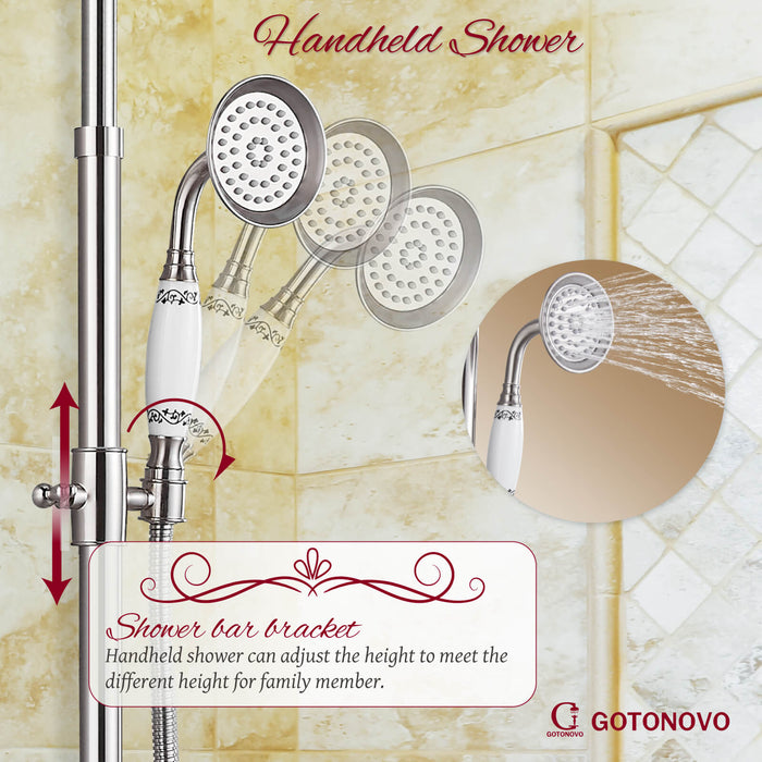 Shower System Set Complete 8 Rain Shower Faucet 2 Double Knobs Handle Triple Function Tub Spout Shower Fixture Unit 12 Inch Extention