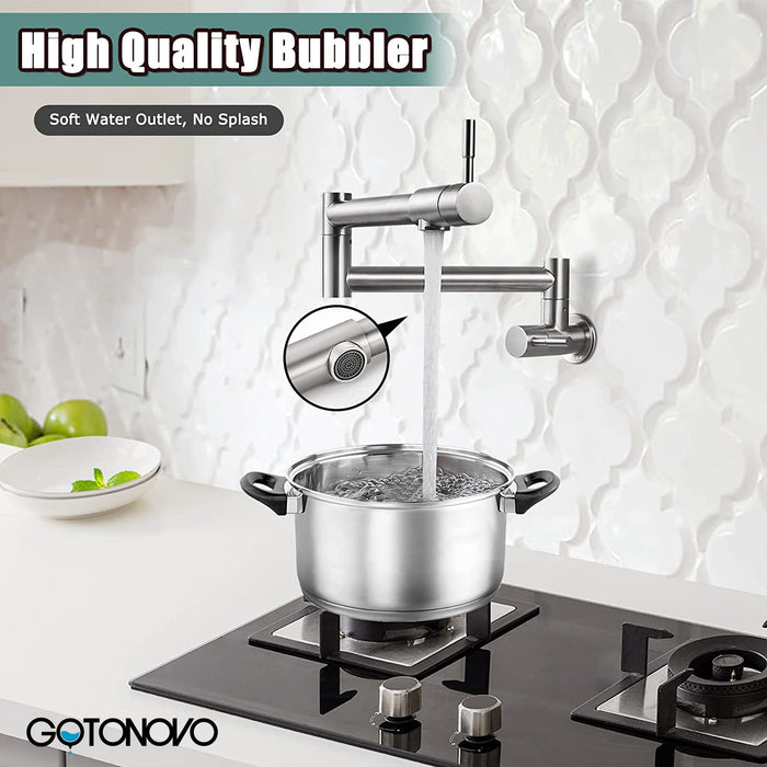 gotonovo Pot Filler Faucet Folding Stretchable Wall Mount Kitchen Restaurant Sink Faucet SUS304 Stainless Steel with Double Joint Swing Arm Single Hole Two Handles Commercial NPT