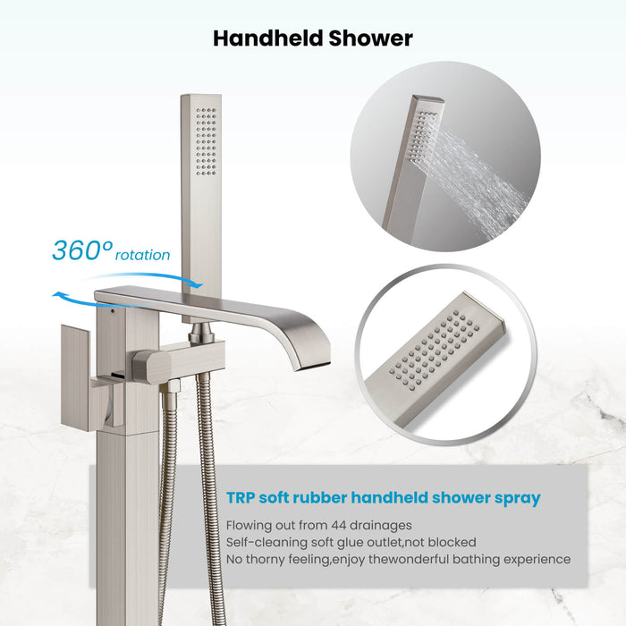 Gotonovo Waterfall Freestanding Bathtub Faucet Floor Mount Tub Filler Single Handle Brass Tap with Hand Shower and 360 Degree Swivel Spout
