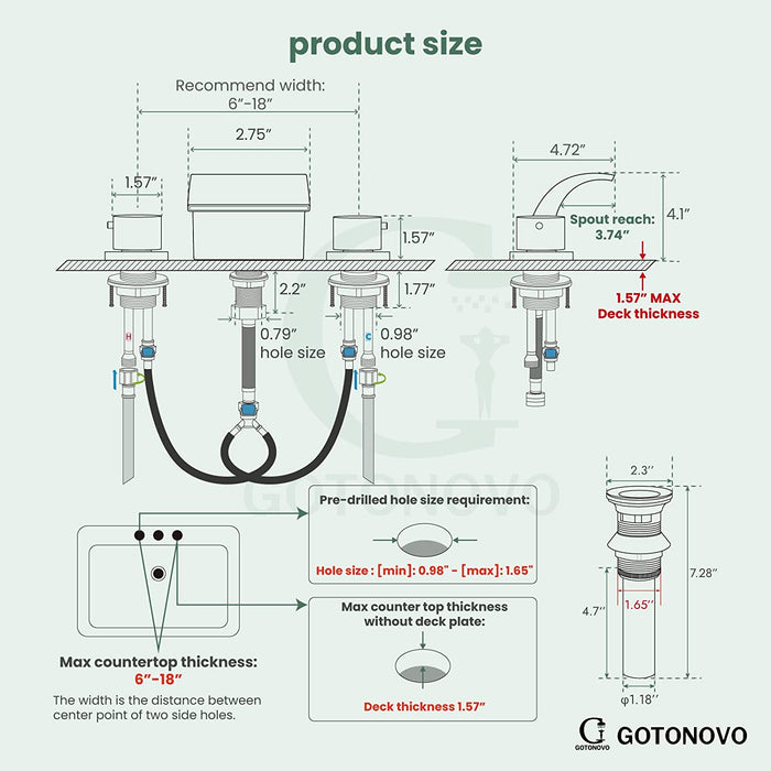 Waterval Wijdverspreide 3 Gaten Badkamer Wastafel Kraan Badrandcombinaties 8-16 Inch Dubbele Handgrepen Commercieel Met Pop Up Afvoer