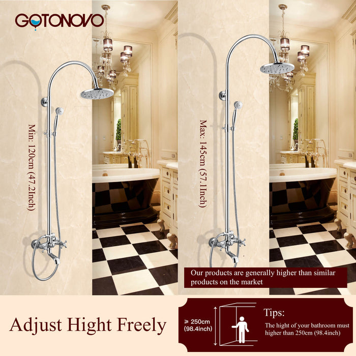 Gotonovo Exposed Shower Faucet Set Brass Dual Knobs 8 Inch Rainfall Round Head Mixer Tap Hand held Spray 3 Functions Shower System Tub Spout Bathroom Shower Combo Unit Set Wall Mounted