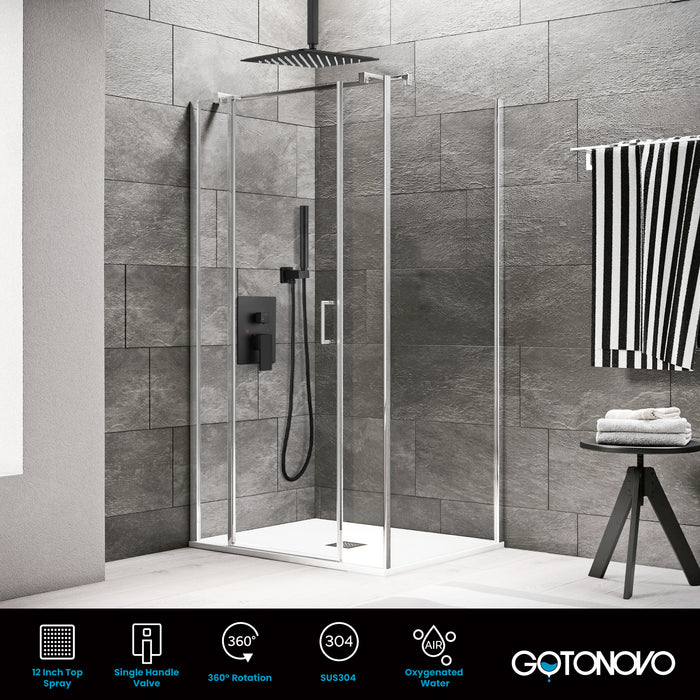 Gotonovo Rain Shower Combo Set Square Shower head SUS304 Stainless Steel Shower Trim Kit 2 in 1 Cylindrical Handheld shower with Rough-in Valve