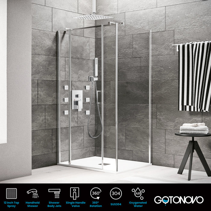 Gotonovo Rain Shower Combo Set Ceiling Mounted Square Rainfall Shower Head with Body Spray Jets and Brass Handshower Pressure Balance Rough-in Valve and Trim Included