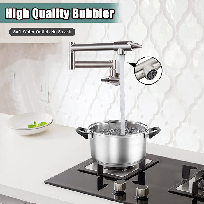 gotonovo Stainless Steel SUS304 Pot Filler Faucet Wall Mounted Double Joint Swing Folding Arms with Two Handles Single Hole Commercial Kitchen Sink Faucet to Control Water Stovetop