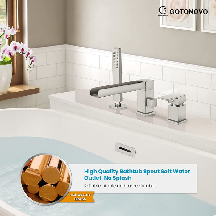 Gotonovo Waterval Romeinse badkuipkraan Tub Filler 3-gats dekmontage Enkele handgreep Wijdverspreide badkuipkraan met handdouche Badkamerkraan