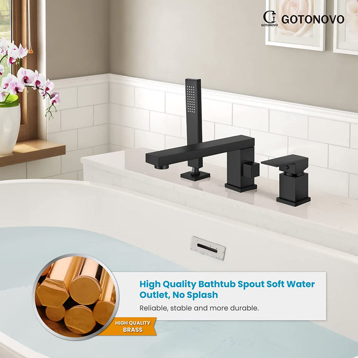 gotonovo Deck Mount Roman Tub Filler Faucet 3-Hole Single Handle Widespread Bathtub Faucet with Handheld Shower Bathroom Tub Faucet Set