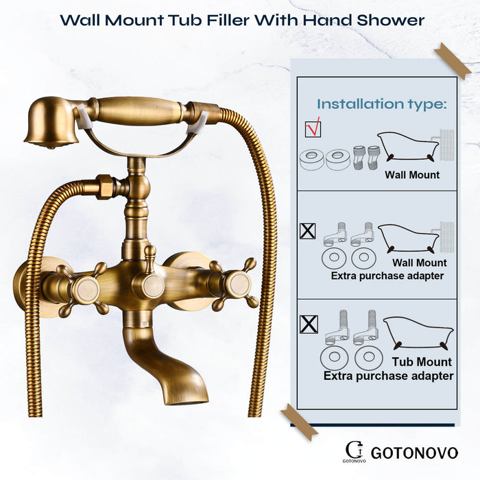 gotonovo Wall Mount Bathroom Bathtub Faucet Set Vintage with Hand Held Shower Spray Double Cross Handle 2 Functions 360 Swivel Mixer Tub Spout