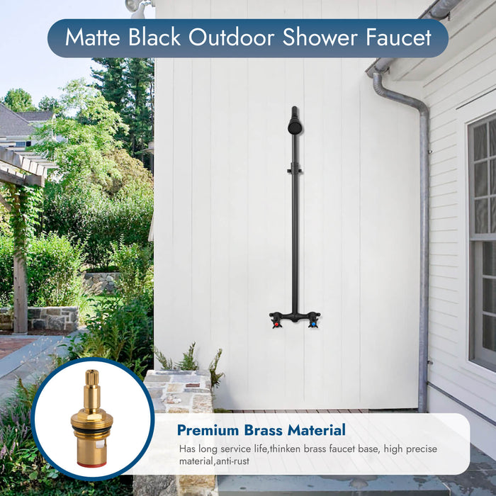 gotonovo Matte Black Outdoor Shower Fixtures Wall Mount Telescopic Pipe Double Cross Handle Brass Mixer Valve Adjustable Shower Head Exposed Shower Kit Water Inlet Down