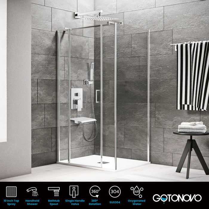 Gotonovo Rain Shower Combo Set with Waterfall Tub Spout, Square Rainfall Shower Head with Handheld Spray Pressure Balance Rough-in Valve and Trim Included