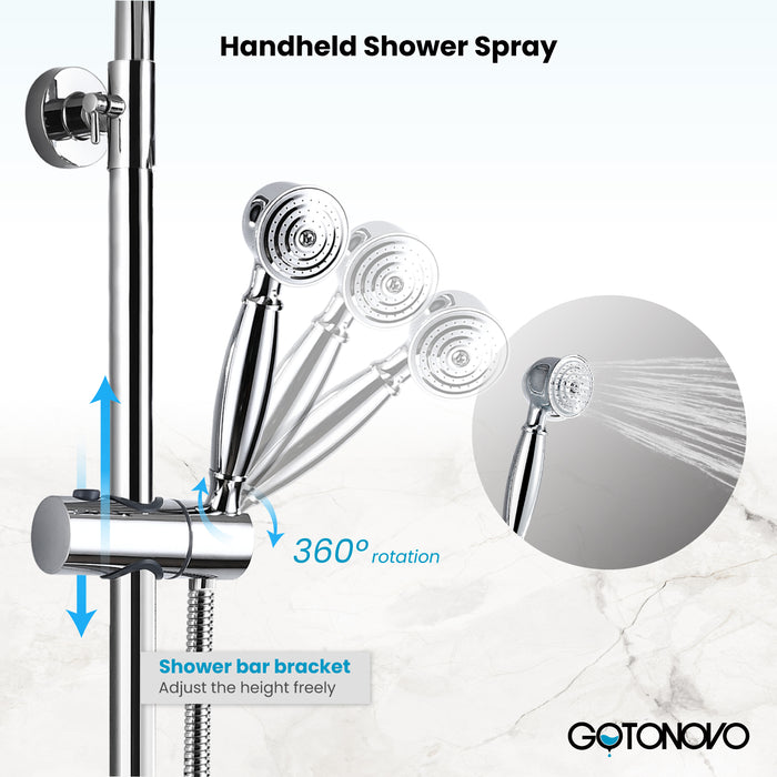 Gotonovo Exposed Shower Fixture 8 Inch Rainfall Shower Head with Handheld Spray Dual Cross Knobs Mixer Bathroom Triple Function Shower Combo Set Wall Mount