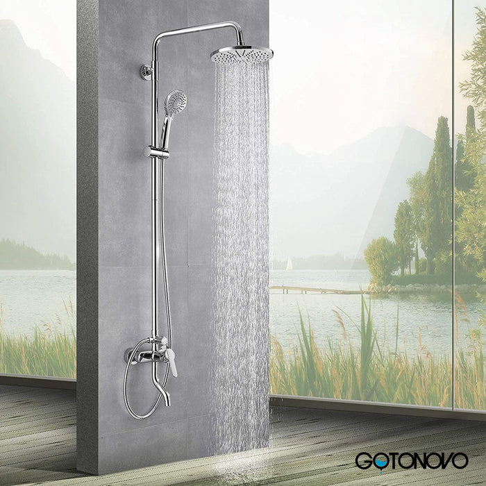 Gotonovo Zichtbaar douchesysteem Polish Chrome Douchekraan Set 8 Inch Regendouche Ronde Badkamer Douchearmatuur met ABS Handsproeier Verstelbare schuifbalk Baduitloop Wandmontage Complete set 