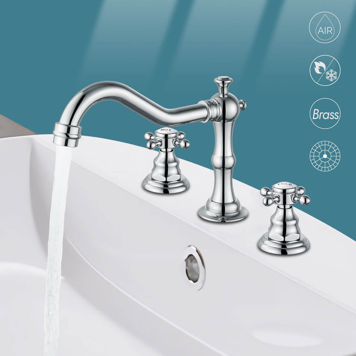 gotonovo Bathroom Sink Faucet Deck Mount Widespread Double Mixing Tap Cross Knobs 3 Hole with Pop Up Drain