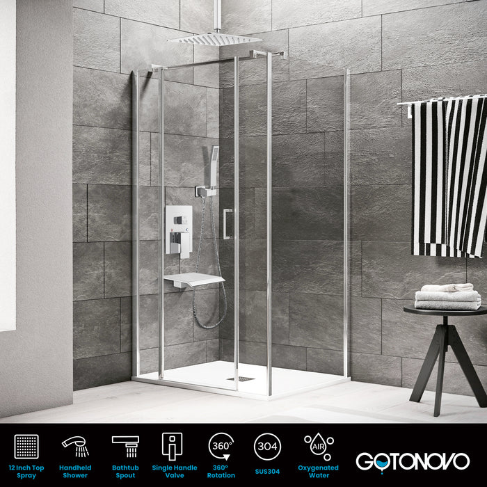 Gotonovo 12 Inch Rain Mixer Shower Faucet Set with Waterfall Tub Spout Ceiling Mount with Handheld Spray Pressure Balance Rough-in Valve and Trim Included