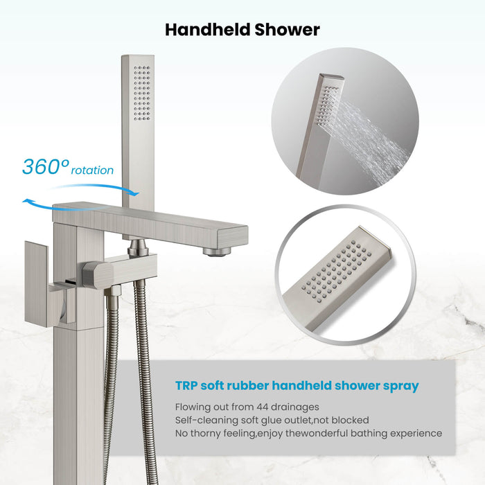 gotonovo Freestanding Bathtub Faucet Floor Mount Tub Filler Single Handle Brass Tap with Hand Shower and 360 Degree Swivel Spout