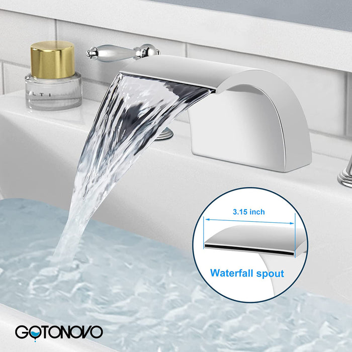 gotonovo Bathroom Widespread Sink Faucet Waterfall Spout 8 16 Inch Dual Handles Three Holes Deck Mount Pop Up Drain with Overflow Bathtub Basin Mixer Tap Commercial