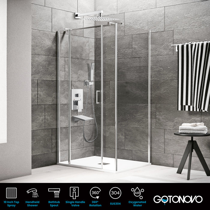 Gotonovo Rain Shower Combo Set with Waterfall Tub Spout Square Rainfall Shower Head with Handheld Spray Pressure Balance Rough-in Valve and Trim Included