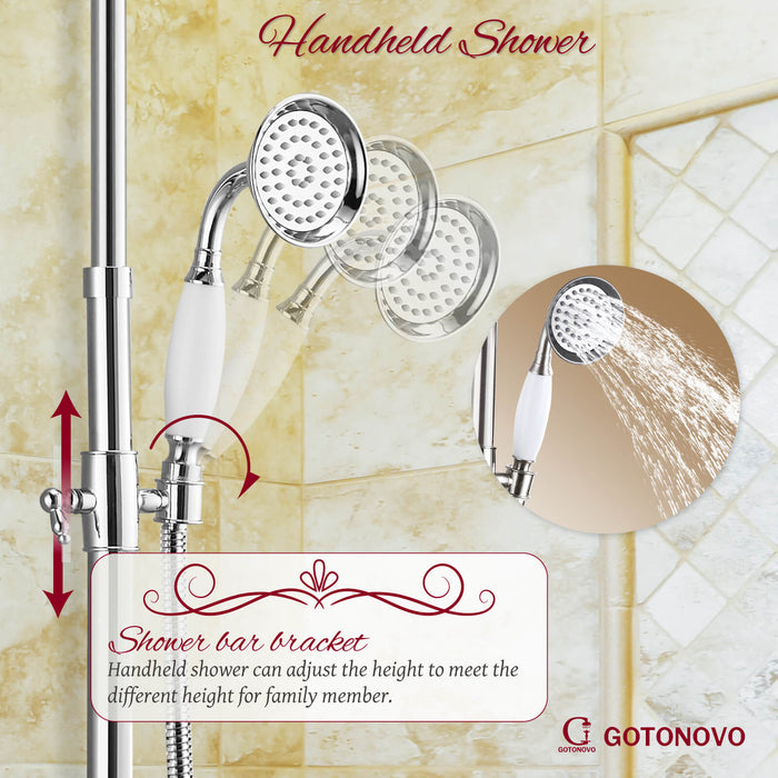 gotonovo Exposed Shower Faucet System 8inch Rain Shower Double Knobs Cross Handle Dual Function Shower Fixture Combo Unit Set