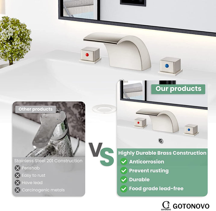 Gotonovo Waterval Wijdverspreide 3 Gaten Badkamer Wastafel Kraan Badrandcombinaties 8-16 Inch Dubbele Handgrepen Commercieel met Pop-Up Afvoer