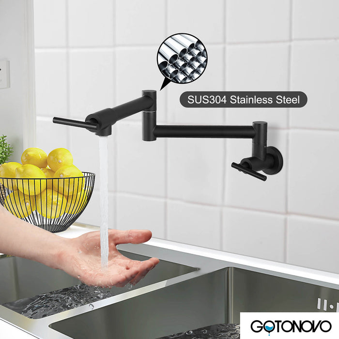 gotonovo Stainless Steel SUS304 Pot Filler Faucet Wall Mounted Double Joint Swing Folding Arms with Two Handles Single Hole Commercial Kitchen Sink Faucet to Control Water Stovetop