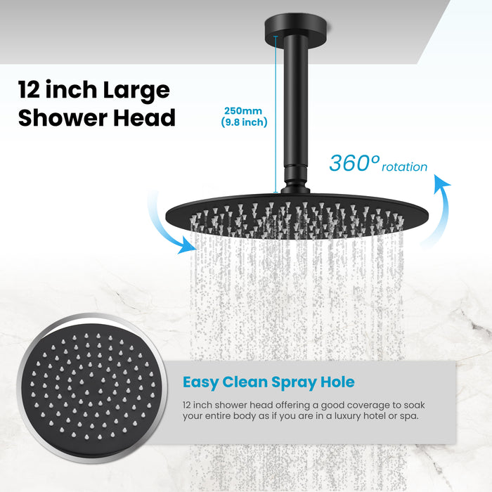 Gotonovo Rain Shower Combo Set Ceiling Mounted Matte Black 12-inch Round Rain Shower Head with Body Spray Jets and Brass Handheld Shower Pressure Balance Rough-in Valve and Trim Included