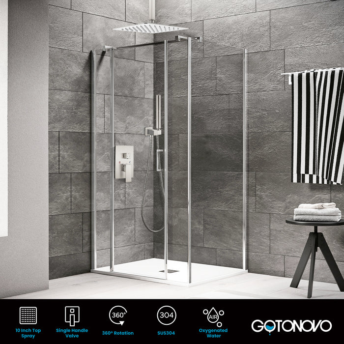 Gotonovo Rain Shower Combo Set Square Shower head SUS304 Stainless Steel Shower Trim Kit 2 in 1 Cylindrical Handheld shower with Rough-in Valve