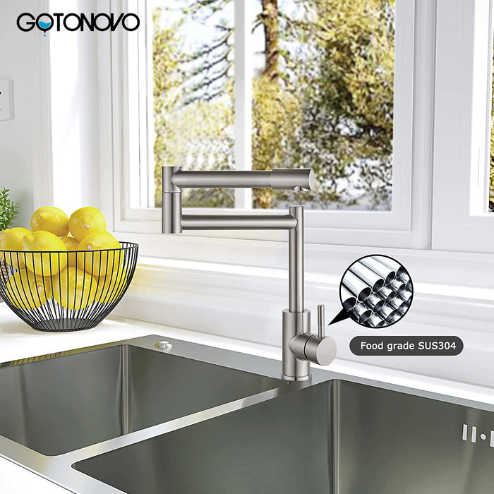 gotonovo Pot Filler Faucet Deck Mounted Single Handle Double Joints Free Rotating Modern Deck Mounted Countertop Retractable Commercial Kitchen Sink Faucet Stainless Steel